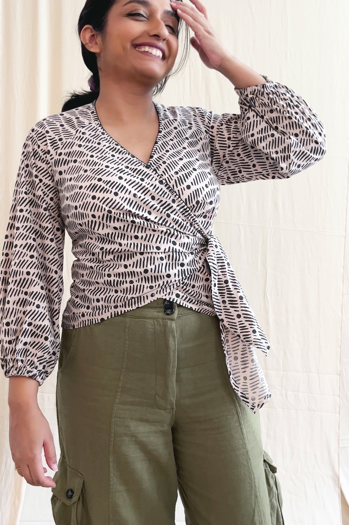 Draped Wrap Top - Dots and Dashes Print