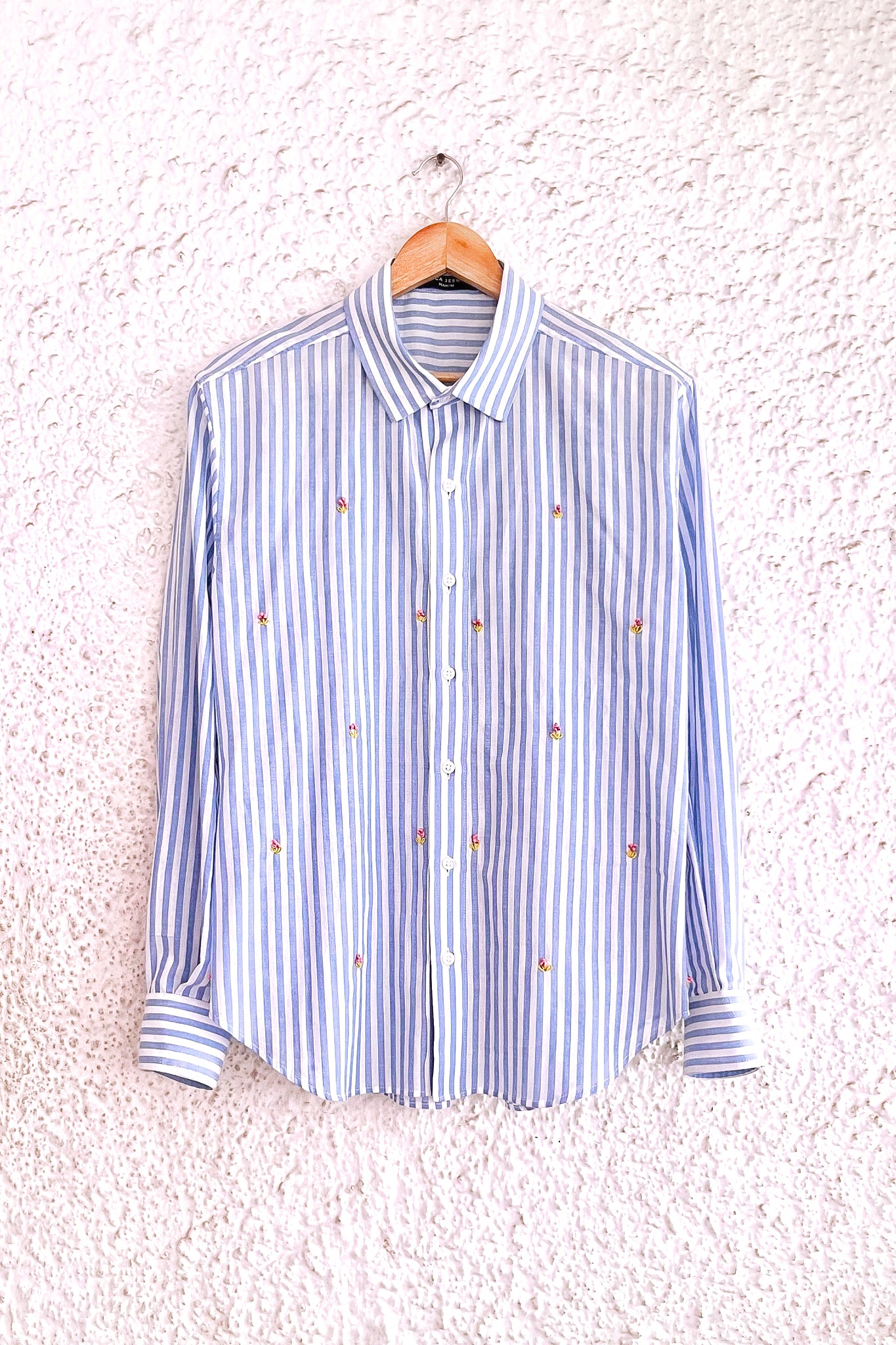 Men's Striped Shirt - Blue with Floral Embroidery