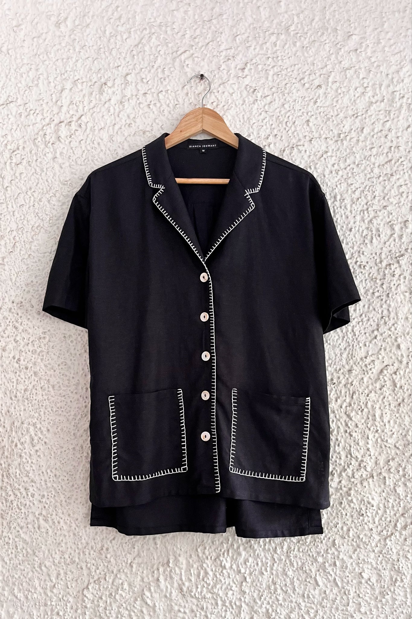 Men's Textured Shirt - Black with White Embroidery