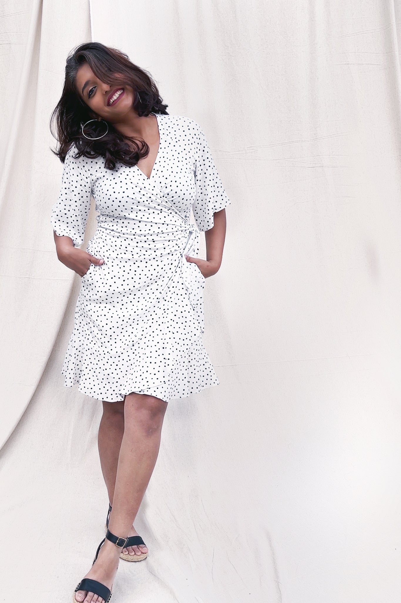 Draped Wrap Dress - White Polka Dot