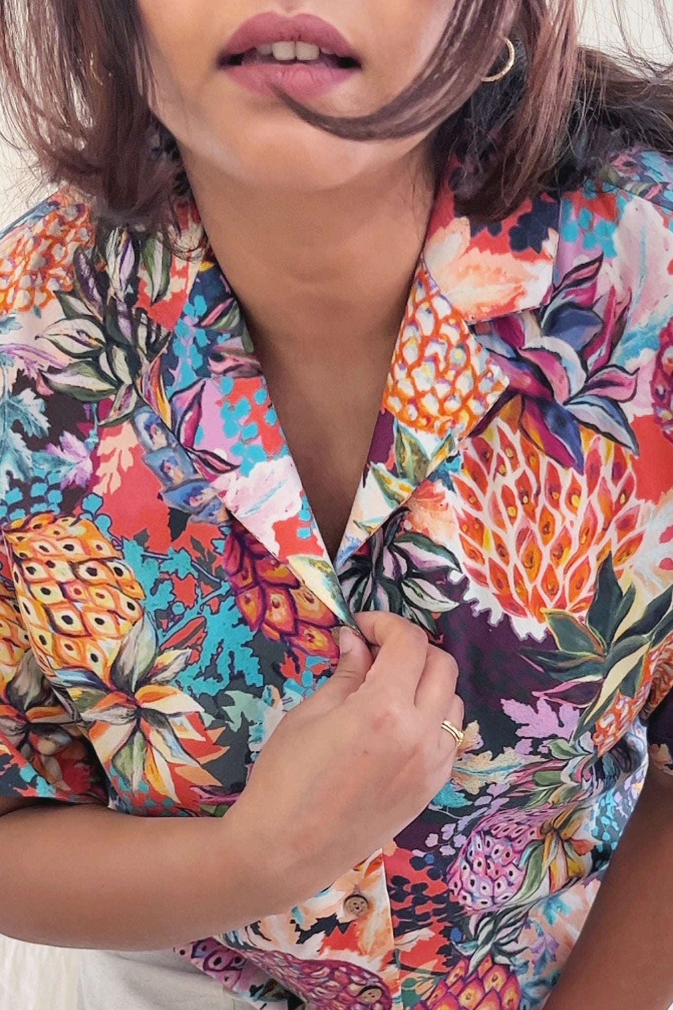 Cropped Beach Shirt - Tropical Print